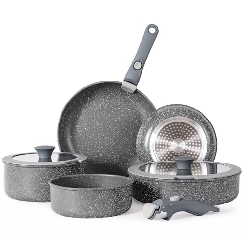 Vkoocy Pot and pan Set with Removable Handle, Nonstick Cookware Set Detachable Handle, Induction Kitchen Camping Stackable Pots Pans, Dishwasher/Oven Safe, Grey