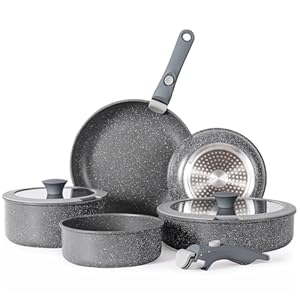 Non Stick Pot and Pan Set with Removable Handle, Ceramic Cookware Set Detachable Handle, Induction Kitchen Camping Stackable Pots Pans, Dishwasher/Oven Safe, Grey