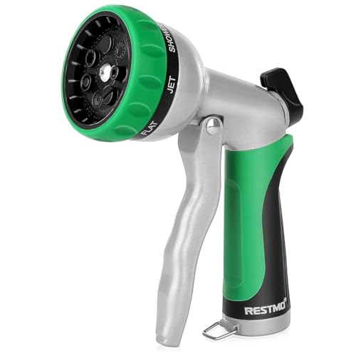 RESTMO Garden Hose Nozzle, Heavy Duty Metal Water Hose Nozzle with 7 Adjustable Spray Patterns, High Pressure Hand Sprayer with Flow Control for Watering Plants & Lawns, Washing Cars & Pets