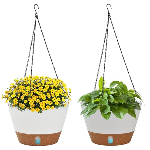 Mapille Juego 2 Maceteros Colgantes 25cm, Macetas Auto-Riego con Drenaje y Bandeja Removible, Cadena 43cm, para Interior, Balcón, Jardín y Terraza
