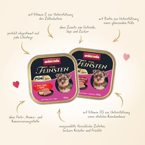 animonda Vom Feinsten Mini Junior Hundefutter nass mit Pute, Kalb und Apfel (32 x 100 g), getreidefreies Welpenfutter ohne Zucker und Soja für kleine Hunderassen