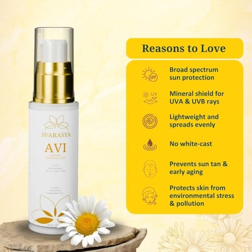 Image of SVARASYA AVI Mineral Sunscreen SPF 50 Pa+++ | 50ml Sunscreen with Zinc Oxide & Titanium Dioxide | UVA, UVB Sun Protection | Lightweight Sun Cream for Men & Women | For Dry & Oily Skin | All Skin types