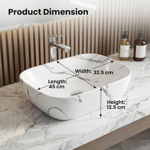 Image of Ceramic Tabletop Wash Basin - Glossy Rectangular Countertop Vessel Sink with Marble Finish for Bathroom & Vanity | Compact 18 x 13 x 5 Inch | Elegant Washbasin
