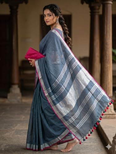 Image of STB-SILK TEXTILES BHAGALPUR Women's Linen Slub Saree With Contrast Blouse Piece