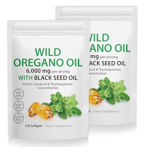 Paquete de 2 aceites de orégano, 2 en 1 de 6000 mg de aceite de orégano con semillas negras de 200 mg, orgánico prensado en frío