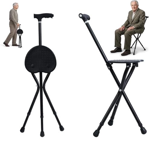 Walking Stick with Light & Seat- Adjustable Folding Walking Sticks for Women and Men - Lightweight Portable Collapsible Balancing Walking Aid - Travel Walking Cane for Ladies Elderly Adults (Black)