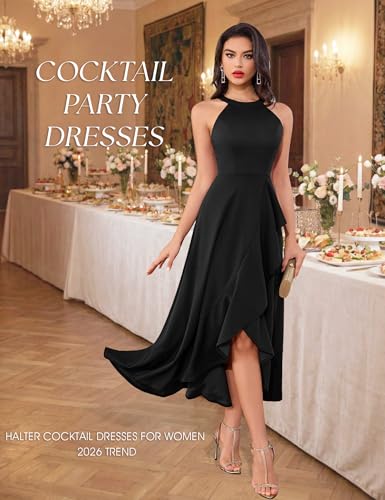 Image of Dressystar Womens 2026 Halter Slit Ruffle Wedding Guest Party Dress Elegant Maxi Long Sleeveless Formal Prom Cocktail Dresses