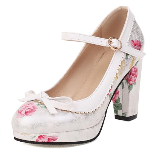 Women's Chunky Block High Heels Pumps Shoes Round Toe Platform Flowers Bow Mary Jane Dressy Shoes