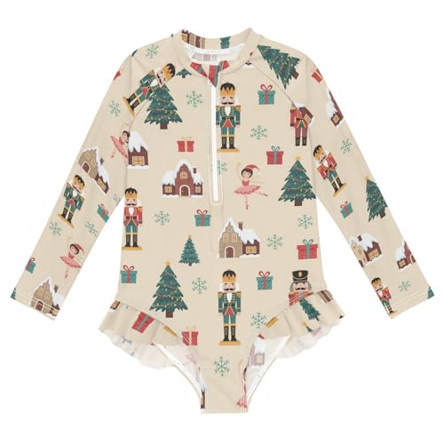Christmas Themed Pattern Girls Rash Guard Swimsuits Long Sleeve One Pieces Bathing Suit UPF 50+ Zipper Swimwear