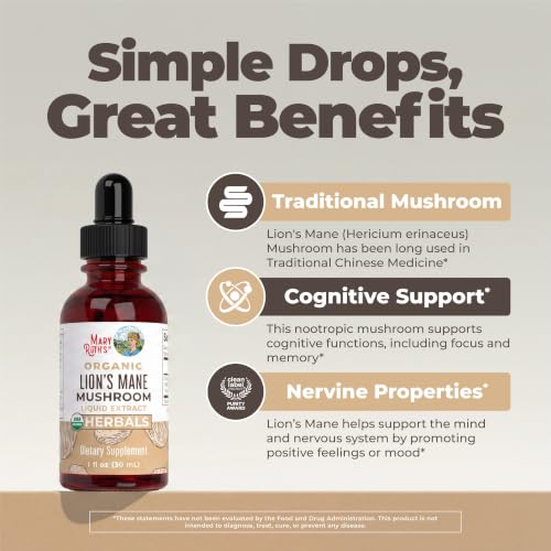Image of MARYRUTH'S Lions Mane Mushroom Supplement | Nootropic USDA Organic Lions Mane Extract 1,180mg | Nervine Herbal Liquid Drops | Brain Health | Focus & Memory | Non-GMO | Vegan | Alcohol Free | 1 Fl Oz