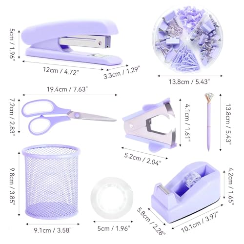Image of Purple Desk Accessories, Pink Office Supplies Set with Stapler, Tape Dispenser, Staple Remover, Pen Holder, Scissor, Binder /Paper Clips, Ballpoint Pen, Clear Tape and 1000pcs Staples