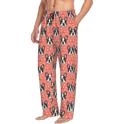 Mens Pajama Pants - Pink Bow French Bulldog Print Soft Sleep Lounge Pants For Men, Casual Pj Bottoms With Pockets