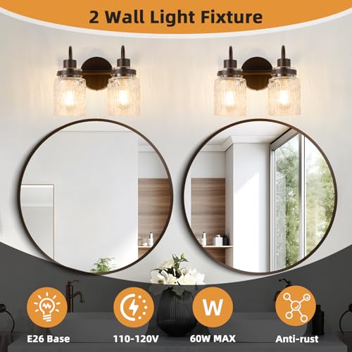 Image of 2 Lights Hammered Glass Bathroom Vanity Light, Oil Rubbed Bronze