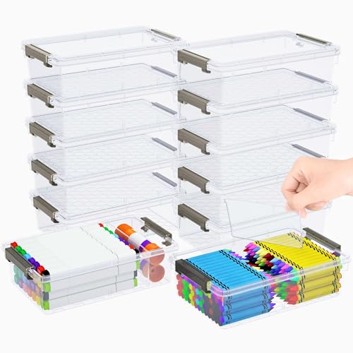 Image of 12 Pack Extra Large Pencil Box with Removable Divider, Thickened Pencil Case Bulk, Clear Crayon Marker Organizer Stackable Plastic Small Storage Containers for Pen Craft School Supplies(Grey)