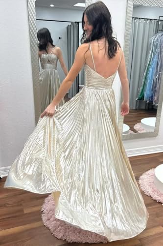 UZN Sparkly Satin Prom Dresses Long Spaghetti Straps Keyhole with Split Formal Party Gowns2