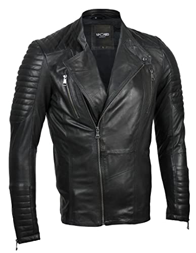 Slim Fit Classic pour Homme Cuir véritable Noir-Veste de Moto pâte d'épaule, Noir - Noir, X-Small Cover