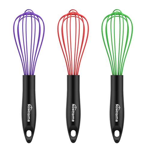 Nilehome Silicone Whisk Set, 3 Pack Kitchen Whisk 10' Kitchen Wisk Wire Whisks For Cooking, Whisking, Blending, Beating, Stirring-Multicolor