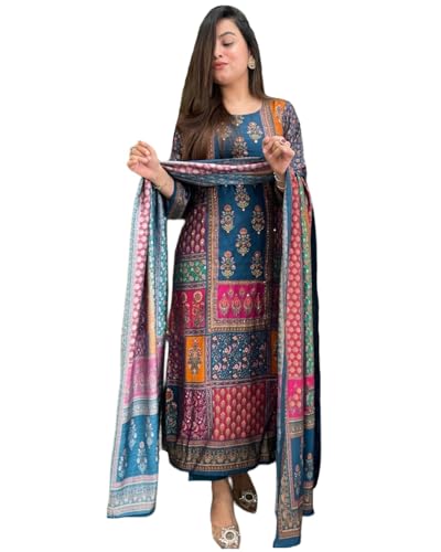 GoSriKi Women’s Rayon Viscose Printed Straight Kurta with Pant & Dupatta (Sula Multi-GS_L_Multicolor_Large)