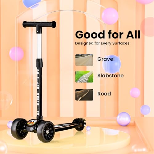 Image of MAGICLY Kids 3-Wheel Foldable Scooter - Adjustable Height, Wide Anti-Slip Deck, Smooth PU Wheels Game, Lightweight Kick Scooter for Boys & Girls of Ages 2-10 Years (Scooter Black)