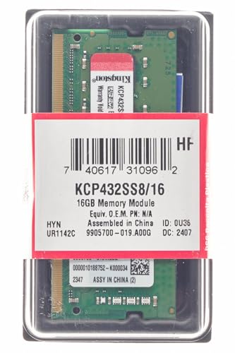 Kingston Memory DDR4 16Go 3200MT/s CL22 Non-ECC Unbuffered SODIMM 1RX8 Module de mémoire pour ordinateur portable - KCP432SS8/16