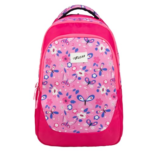 F Gear Panya Dark Pink Mulberry Butterfly 21L School Backpack|Three Spacious Compartment with Water bottle holder|Lightweight and durable|Comfortable 