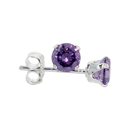 Sterling Silver Cubic Zirconia Amethyst Studs Earrings 4 mm Purple Color 1/4 carat/pair