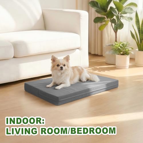 Image of Waterproof Small Dog Bed Washable Orthopedic Wipeable Leather Crate Pad 24 inch | Outdoor Puppy Bed Foam, Reversible Removable Cover Durable, Cat Beds, Anti-Slip Bottom, Kennel Pads 23 inchx17 inch Gray