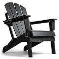 SFYLODS HDPE Folding Adirondack Chair, Outdoor Patio Chair with Cup Holder, Weather Resistant Wood Grain Lawn Chair for Backyard, Garden, Fire Pit, Deck, Black