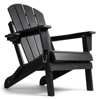 SFYLODS HDPE Folding Adirondack Chair, Outdoor Patio Chair with Cup Holder, Weather Resistant Wood Grain Lawn Chair for Backyard, Garden, Fire Pit, Deck, Black