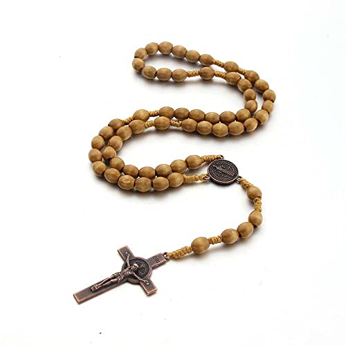 COLORFUL BLING Classic Natural Wood Beads Cross Pendant Necklace for Men Women Religious Rosary Jewelry Handmade Prayer Accessories-S3 round light