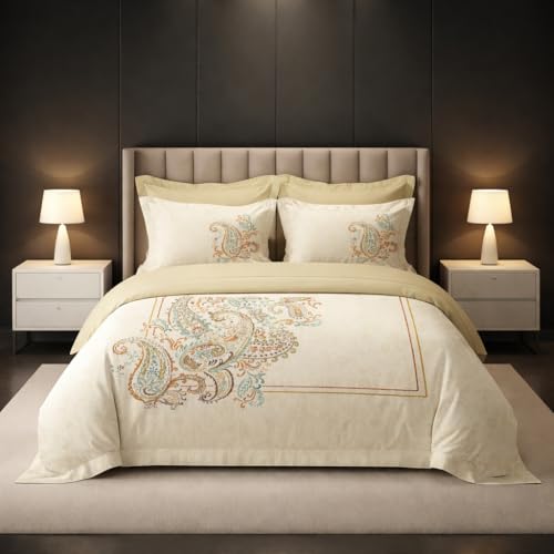 Image of LANE LINEN 100% Cotton Printed King Size Bedsheet - White Beige | OEKO-Tex Certified, 250TC, Fits King & Double Bed, Paisley Print, Breathable & Wrinkle-Free, Includes 2 Pillow Covers
