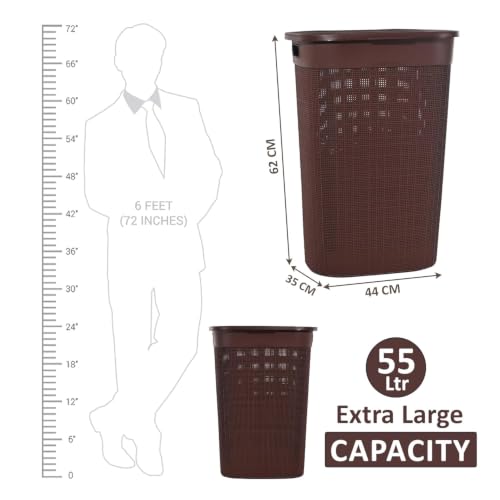 Image of 70 Ltr Plastic Big Laundry Basket for Clothes with Lid & Carry Handles | Lightweight & Ventilated Design Cloth Basket - Ideal for Home Organization and Storage | Brown