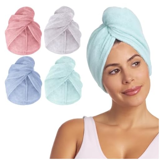 Turbie Twist Microfiber Hair Towel Wrap for Women and Men | 4 Pack | Quick Dry Turban for Drying Curly, Long & Thick Hair (Pink, Purple, Blue, Aqua)