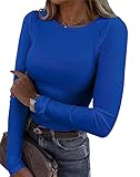 Roselux Womens Long Sleeve Stretch Crewneck Ribbed T-Shirt Fitted Casual Basic Tops(3922,Royal Blue-M)