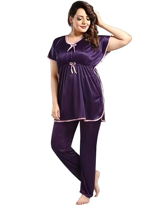 Daily Use Nighty for Women with Satin Finish, Lightweight and Elegant Sleepwear for Honeymoon, Gifting, or Everyday Comfort (Purple, S)-image-26
