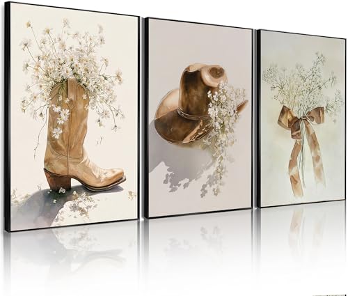 Image of Frimeeme 3 Piece Floral Cowgirl Footwear Wall Art,12x16 Inch,Unframed