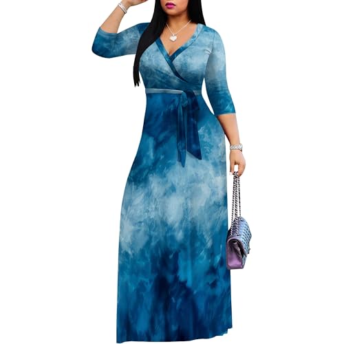 Image of PinkPatty Women's Print Maxi Dresses 3 /4 Sleeve Flowy Long Dress V Neck Wrap Tie Waist Sundress