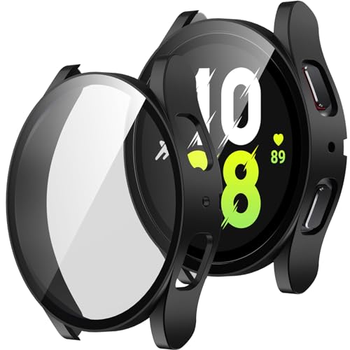 ZZDZZ [2 Pezzi] Cover Compatibile con Samsung Galaxy Watch 5/4 44mm con Vetro Temperato, Custodia Sottile Rigida HD Clear Pellicola Protettiva per Galaxy Watch (Nero/Trasparente)