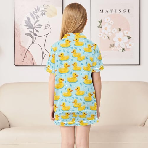 ALAZA Yellow Duck Water Blue Satin Pajamas Set Short Sleeve Button Down Sleepwear Summer Pjs 2 Piece4