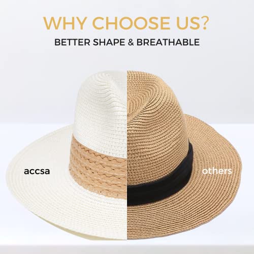 Accsa Straw Panama Hat For Women Stylish Wide Brim Sun Hat Adjustable Beach Hats Ladies Summer Fedora Upf50+ Cream White thumb #3