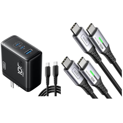 INIU 100W USB-C Cable + 3-Port GaN Charger (6.6ft, 2-Pack)