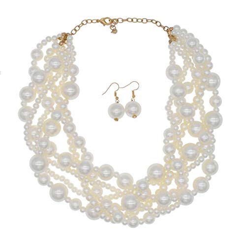 JNF Large Pearl Necklace Set Multi Layer Pearl Strand Costume Jewelry Sets Pearl Statement Necklace Bracelet and Earrings for Women (White)