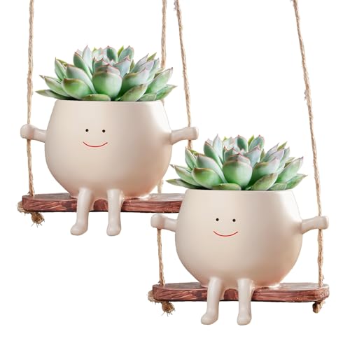 2 PCS Swinging Face Plant Pots 【2025 THICKEN VERSION】Unique Cute Hanging Succulent Cactus Flower Head Resin Planters Pots for Indoor & Outdoor, Creative Novelty Decorative Planter Gift for Home Garden by Sumshy - Used condition - US$16.98