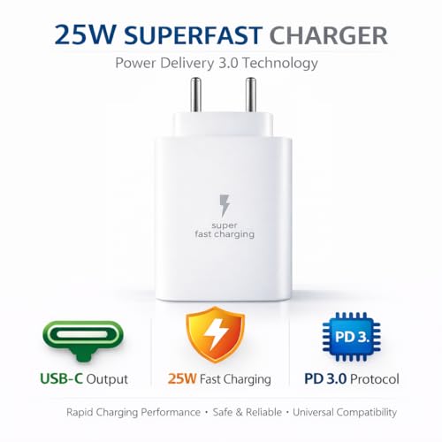 Image of 25W C-Type Super Fast Adapter Compatible with Samsung Galaxy M47 Charger Adapter for S24 /S23 /S23 fe /S22 /S26 /21 fe /A17 /F16 /M35 /M16 /M35 /M05 /A14, A15 /S24 fe /A16 5g, White