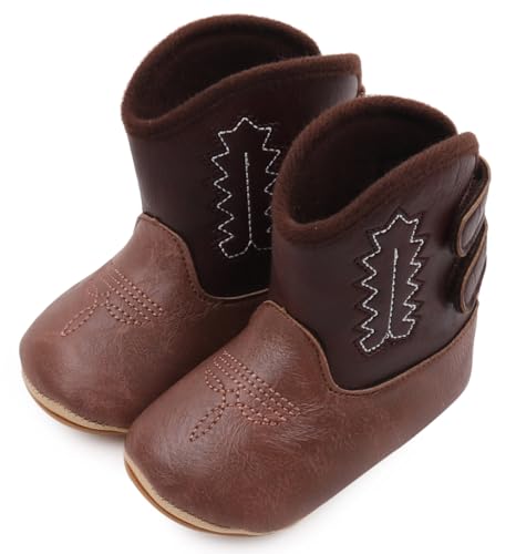 Happy Cherry Botines Bebé Niño Niña Botas Western de Cuero PU Botas de Vaquero con Suela Flexible Zapatos Primeros Pasos Antideslizante 0 18 Meses, marrón oscuro, 6 12 mois