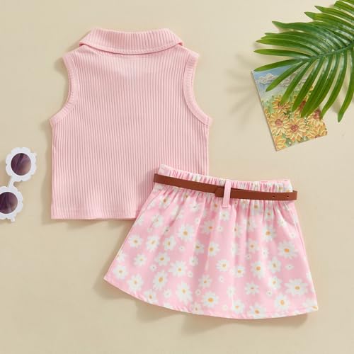 Image of BeQeuewll Toddler Baby Girl Summer Clothes Daisy Flower Girl Outfit Knit Shirt Mini Pleated Skirts Set Outfits for Grils1-4T (Pink, 2-3 Years)