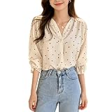 【Magicgirl】ブラウス ゴム袖 ハート柄 ボタン - レディース トップス 長袖 薄手 シャツ Vネック 前開き 通気性良し ゆったり 柔らかい 肌に優しい 着回し 無地 日常 通勤用 春秋夏 快適 おしゃれ カジュアル