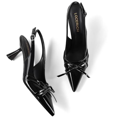 Image of LOCERICH Women's Kitten Heels Slingback Low Heel Bow Dress Shoes Closed Toe Pumps Pointed Toe Slingback Shoes for Bridal Wedding Party