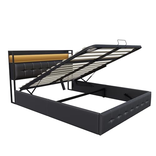 PerGar Bett 140x200 mit LED und USB, Polsterbett mit Hydraulisch stauraum, Kopfteil mit Stauraum, Doppelbett, Stauraumbett, Bettgestell, Lattenrost, schwarz, PU-Leder, Ohne Matratze