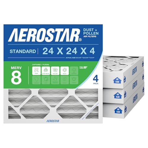Aerostar 24x24x4 MERV 8 High Efficiency Pleated Air Filter 4-Pack Electrostatic AC Furnace HVAC Replacement Captures Dust Pollen Pet Dander Mold Lint (23.375x23.375x3.75)